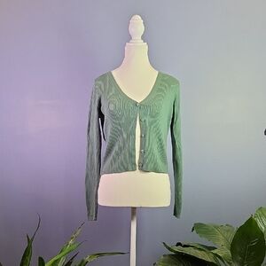 Soft Forest Green Ribbed Button-Up V-Neck Women's Sweater S